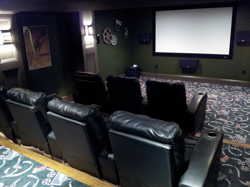 Custom home theater with theater seating and projection screen